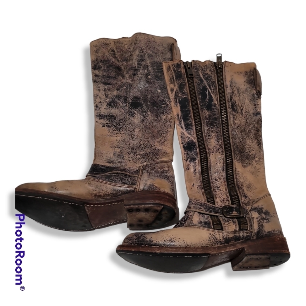 Bed Stu Tango Boots Distressed Leather Boots 7 Tall Riding Double Zip Buckle